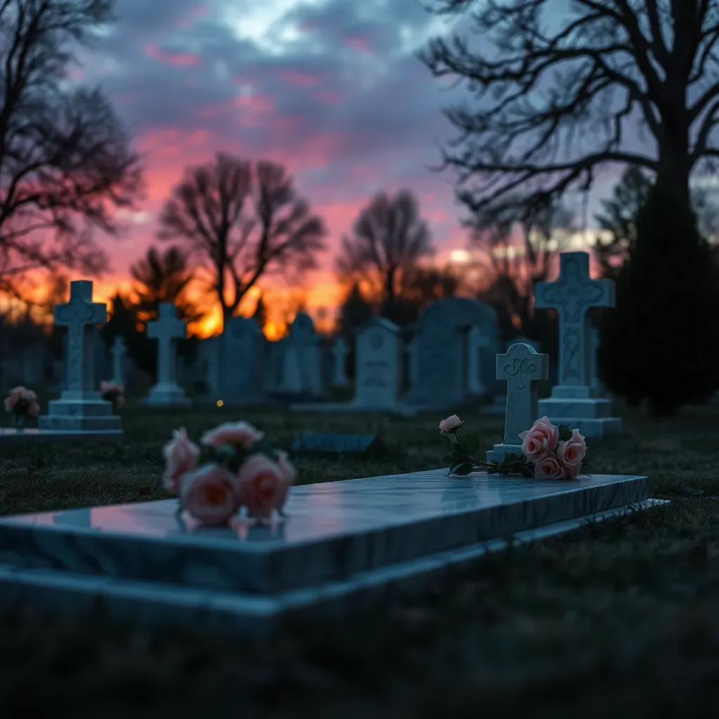Cimetière paisible avec tombes et bouquets de fleurs au coucher de soleil.